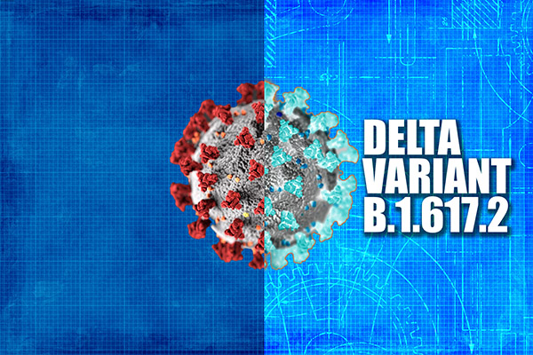 Digital illustration of COVID virus molecule labeled 